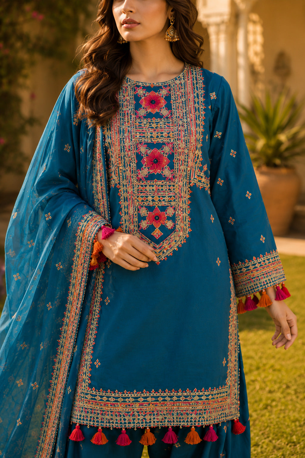 Naqsh unique zinc blue embroidered lawn collection front view