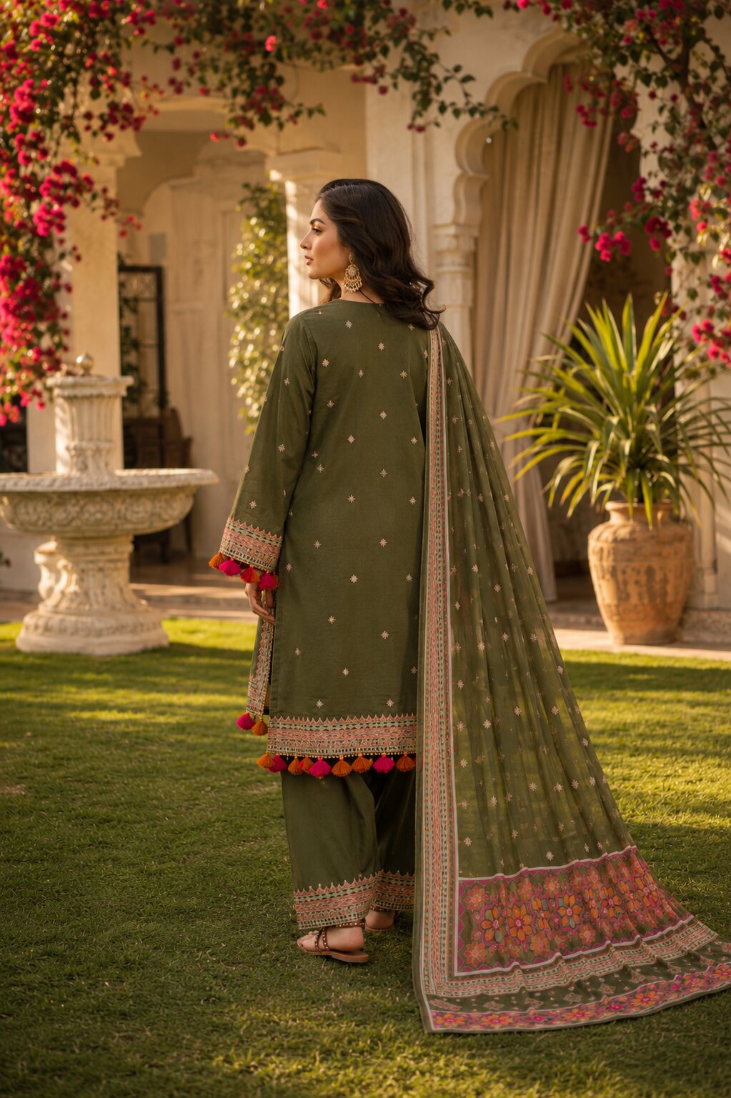 Back look of olive green Naqsh designer dress with delicate embroidery