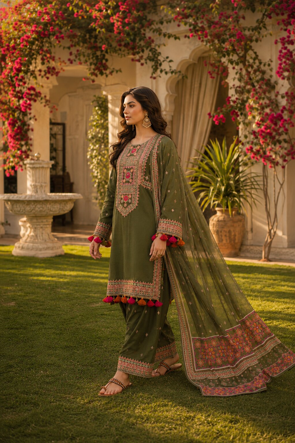 Graceful walking shot featuring Naqsh olive green embroidered ensemble with dupatta