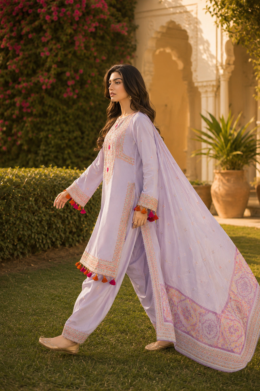 Stunning walking view of model showcasing violet Naqsh designer wear