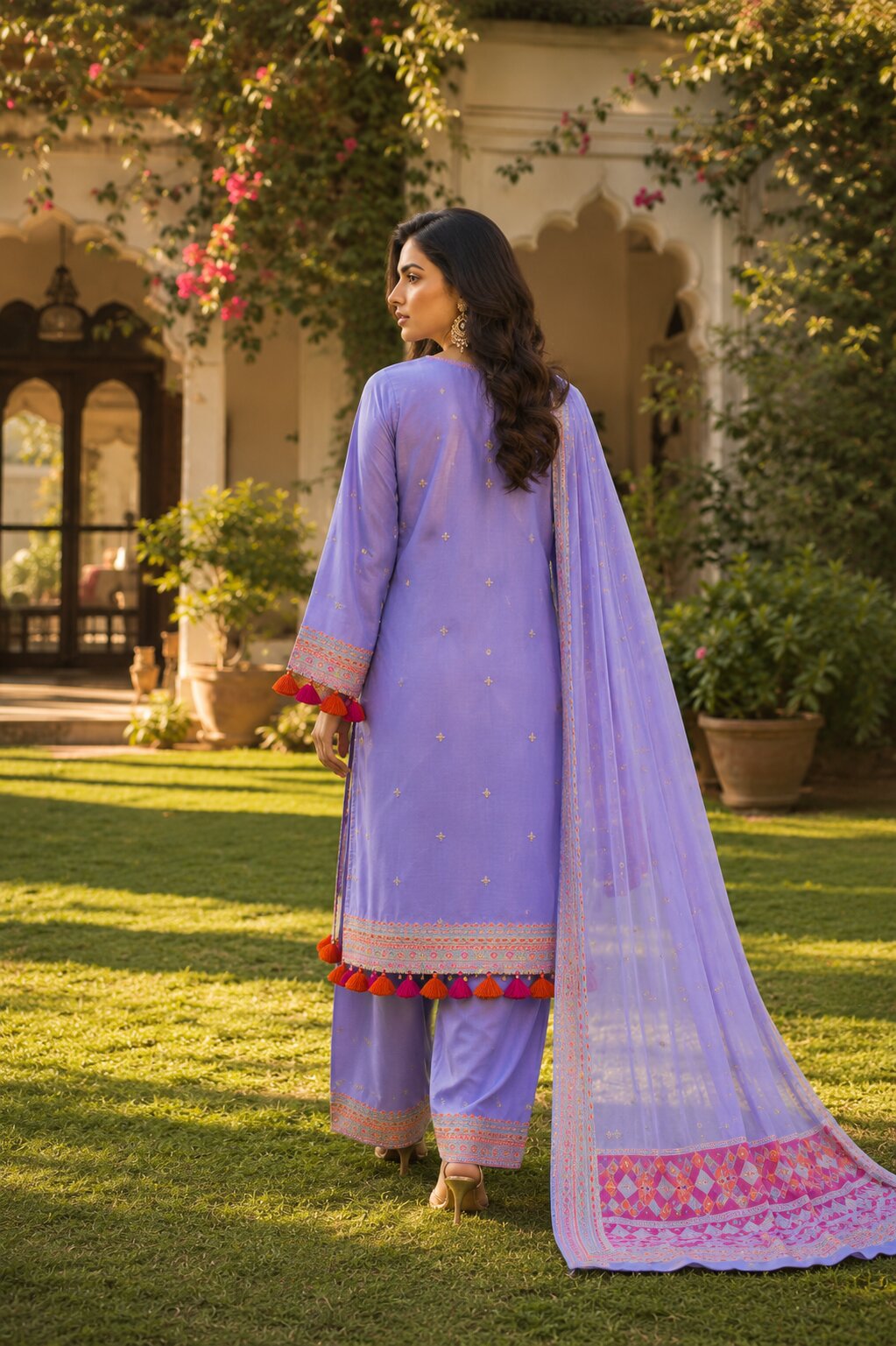 Back view of light purple Naqsh casual chic embroidered lawn suit
