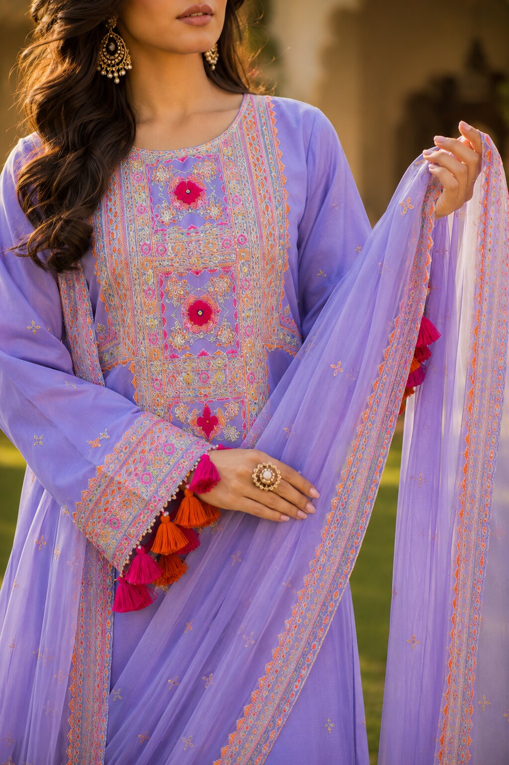 Beautifully embroidered cuff and sleeve edge of light purple Naqsh kurti