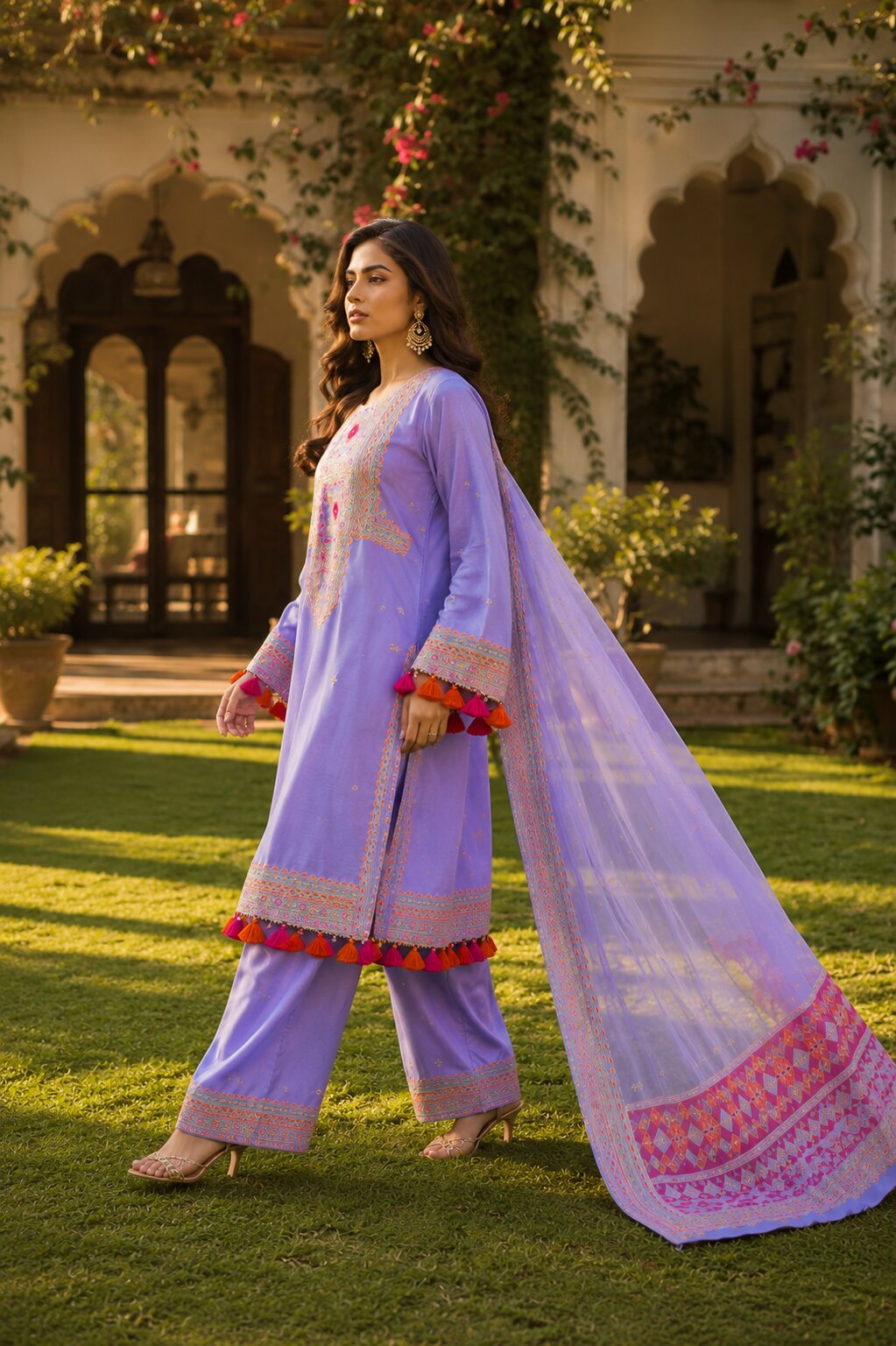 Daylight walking look of model in refreshing light purple Naqsh lawn outfit