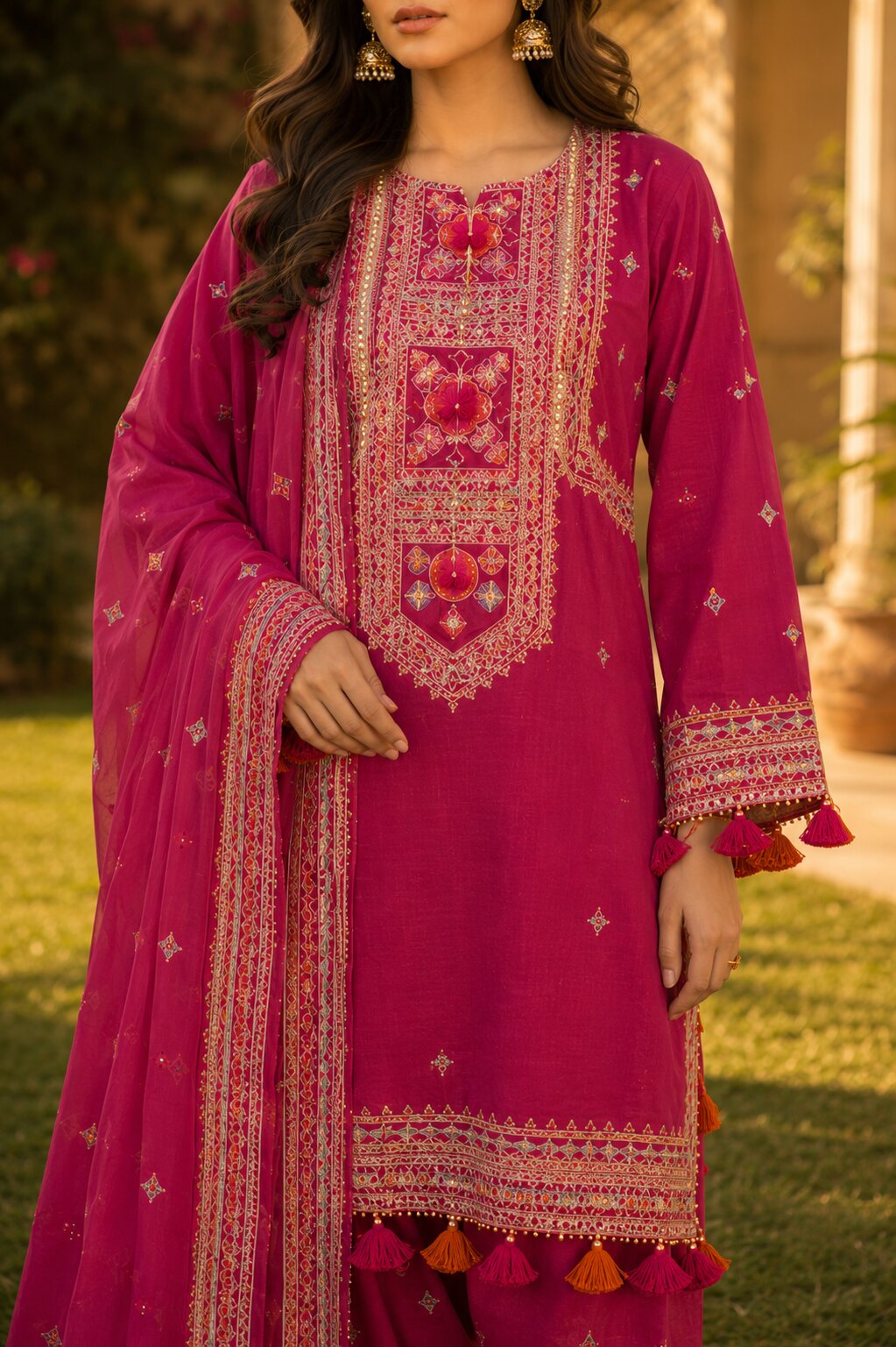 Naqsh classic maroon embroidered festive dress front view