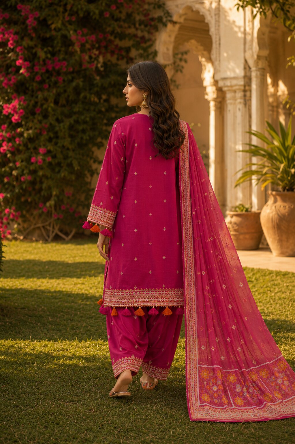 Back styling of Naqsh rich maroon luxury embroidered suit