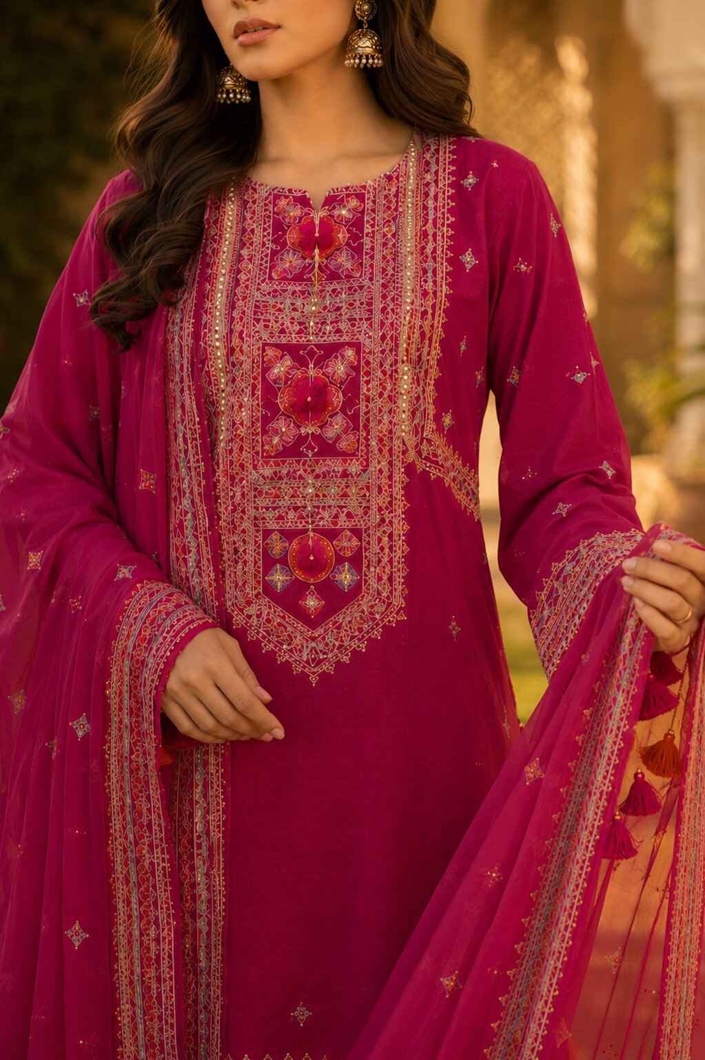 Detailed extreme close up of traditional embroidery on Naqsh maroon neck design