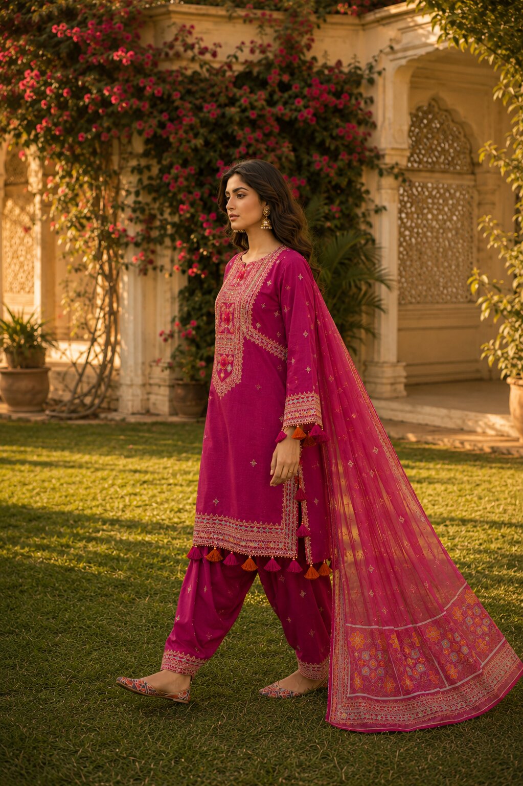 Elegant model walking view wearing maroon Naqsh embroidered wedding wear