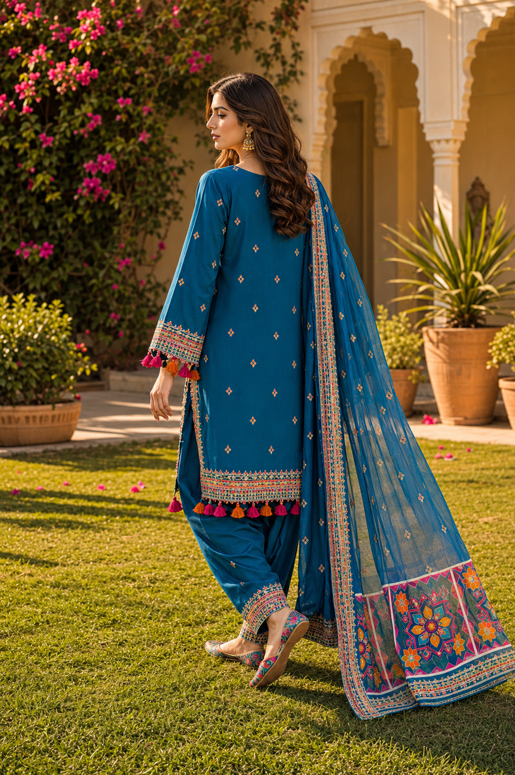 Back profile of zinc colored Naqsh embroidered Pakistani suit