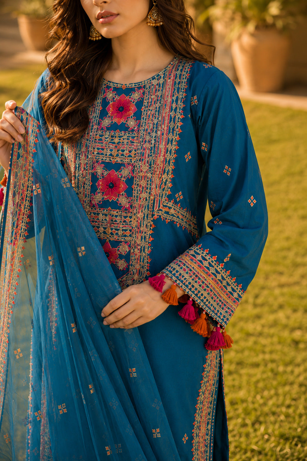 Close up shot of contrasting vibrant embroidery on Naqsh zinc fabric