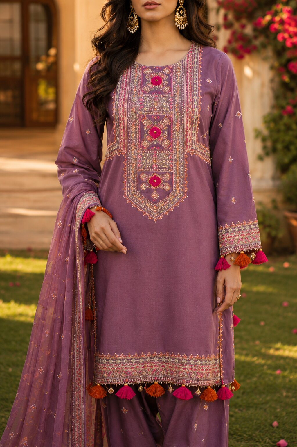 Naqsh lavender rose hue embroidered designer suit front view
