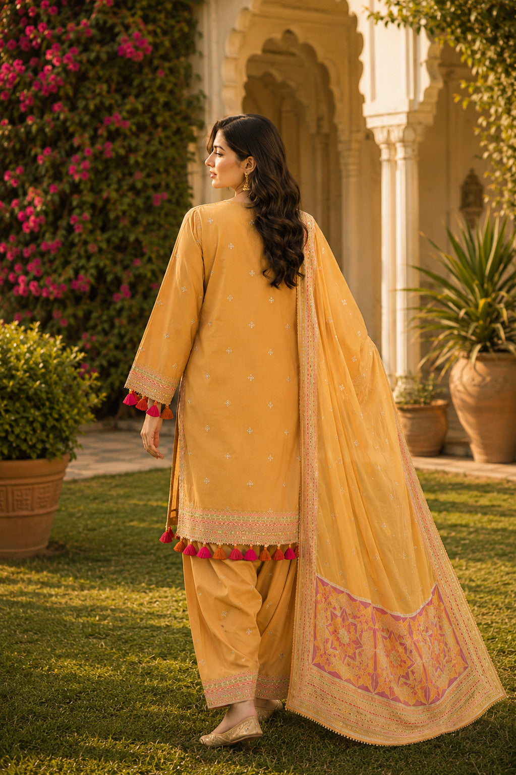 Back view of mustard yellow Naqsh traditional embroidered outfit