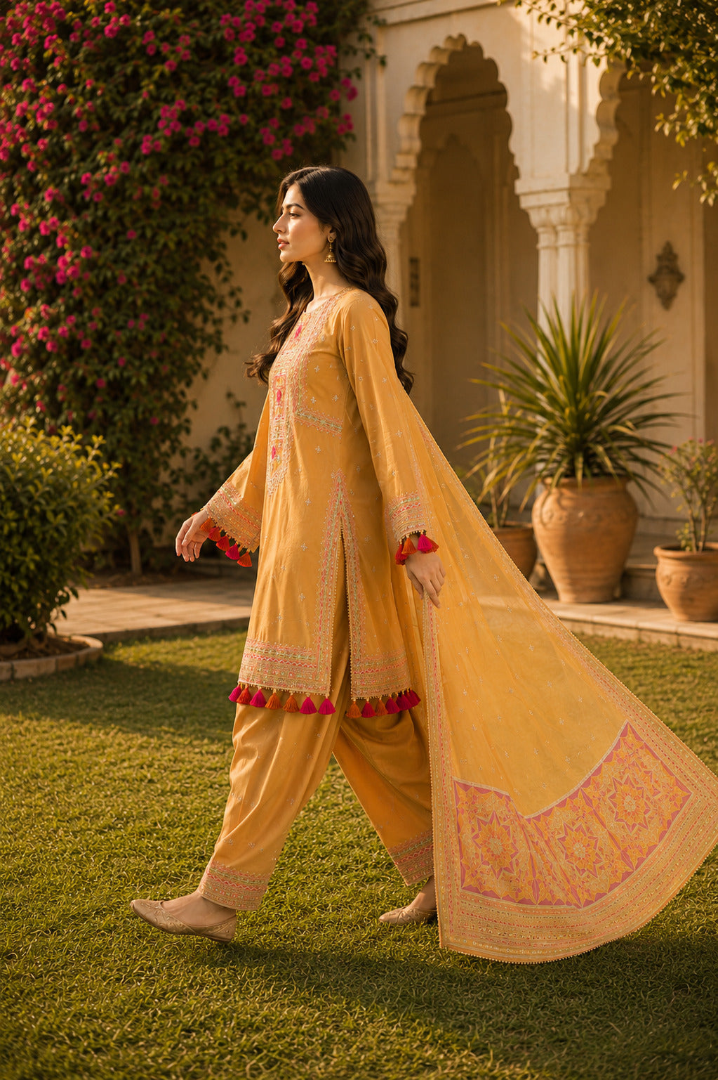 Fashion model walking view in sunny mustard Naqsh embroidered lawn suit