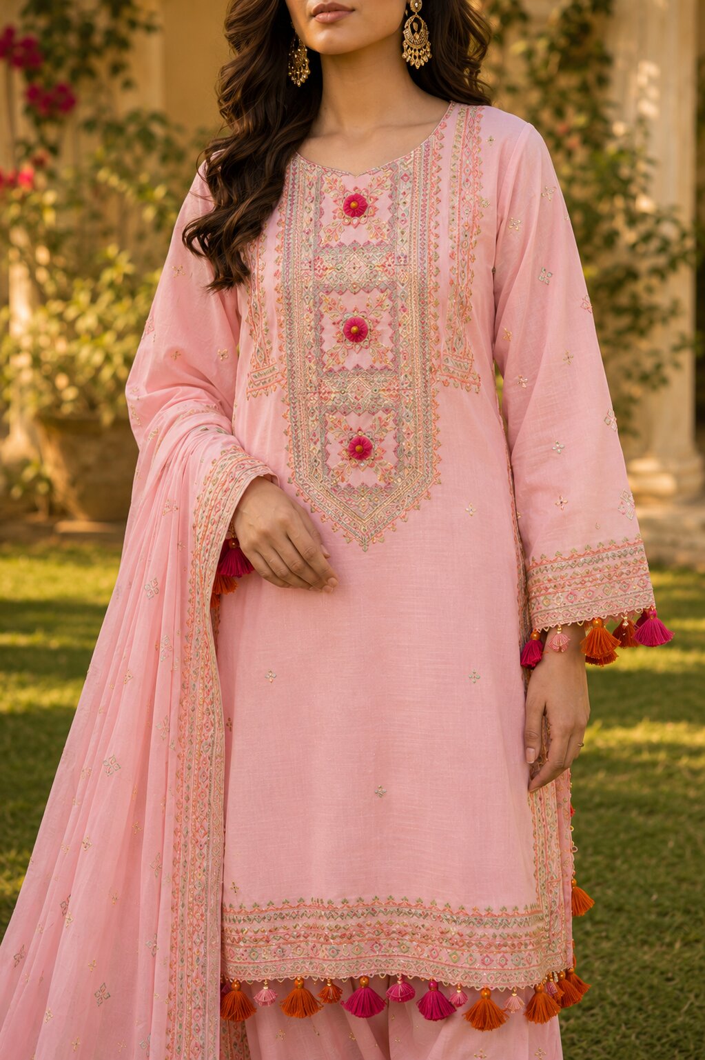 Naqsh magenta pink embroidered lawn suit with ethnic neck design front view