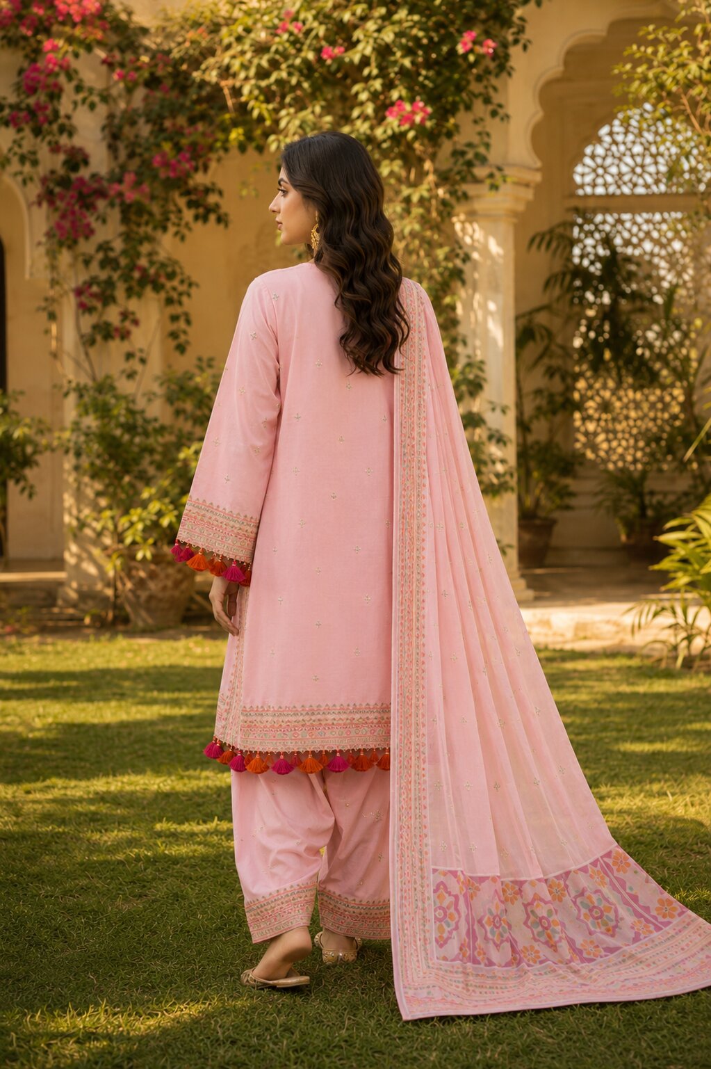 Back view of Naqsh hot pink embroidered premium lawn dress