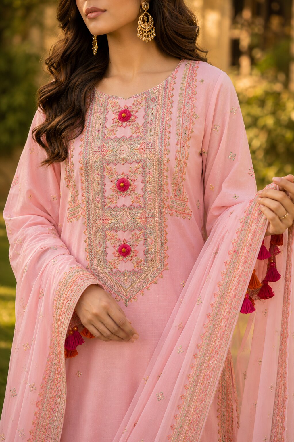 Extreme close up of geometric orange and cream embroidery on Naqsh pink neckline
