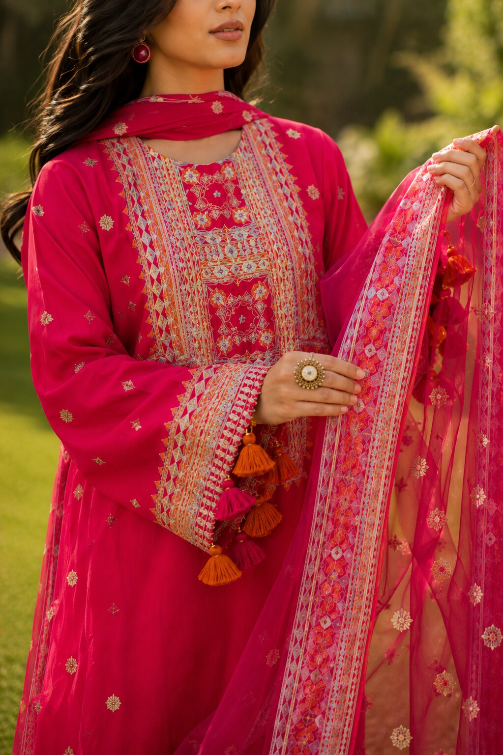 Naqsh vibrant red embroidered traditional dress front view