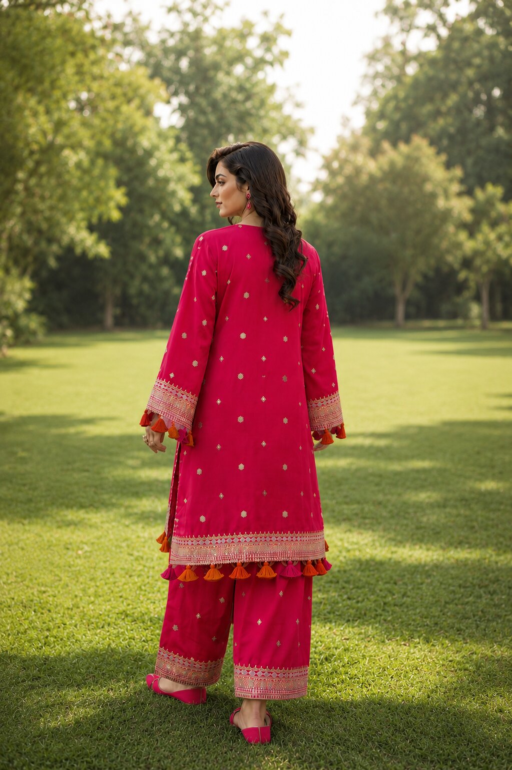 Naqsh vibrant red embroidered traditional dress front view
