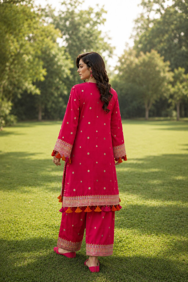 Naqsh vibrant red embroidered traditional dress front view