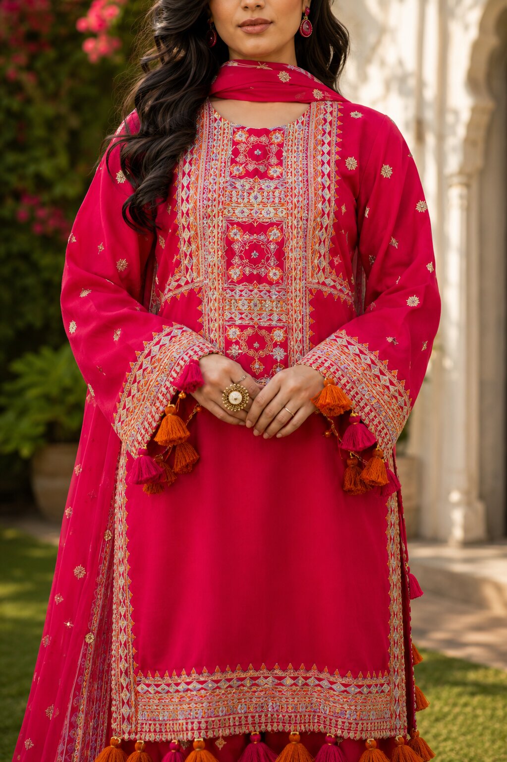 Extreme close up of geometrical patterns and premium embroidery on Naqsh red outfit