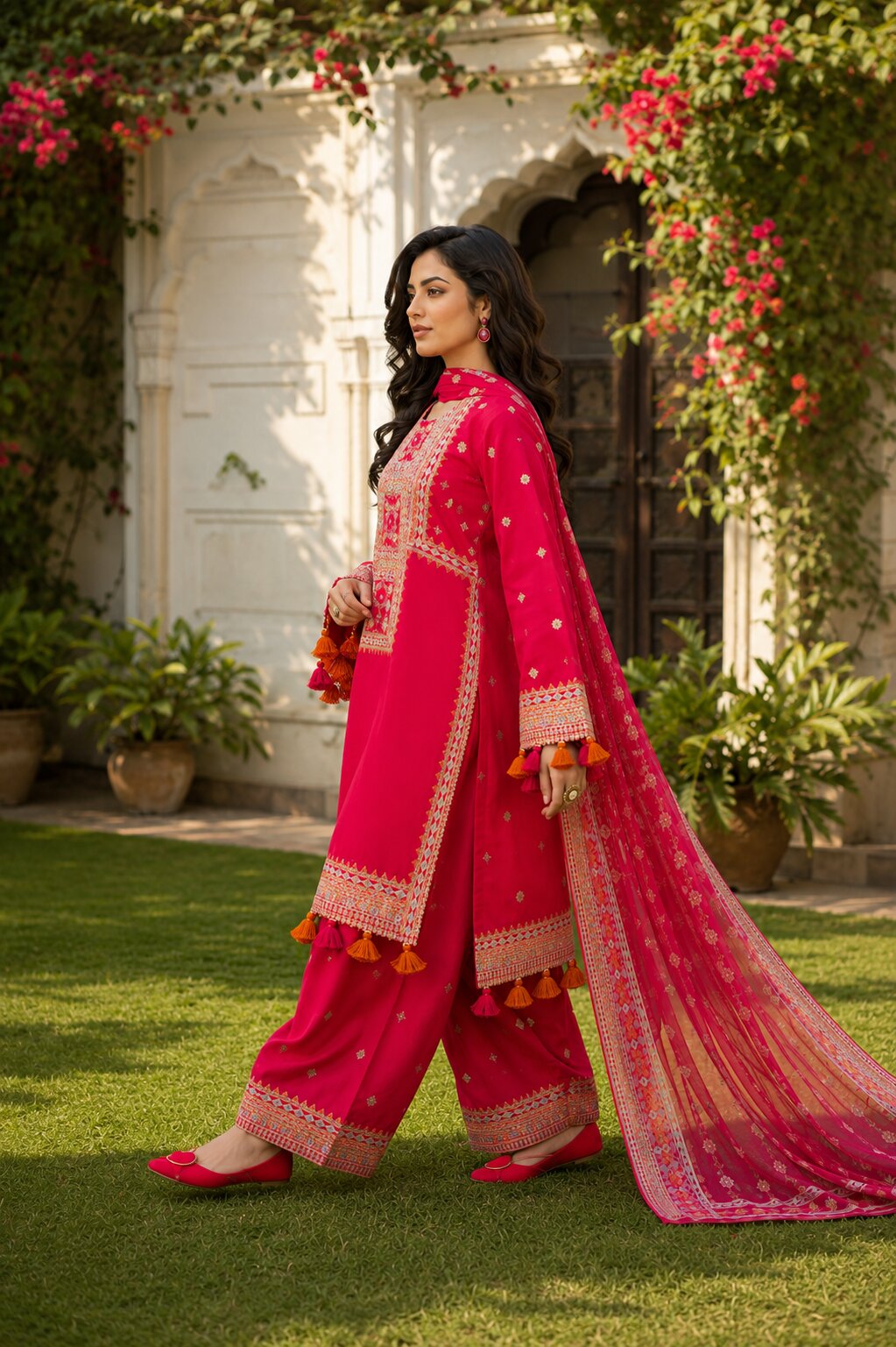 Close up view of Naqsh red dress sleeve borders with multi colored thread work and tassels