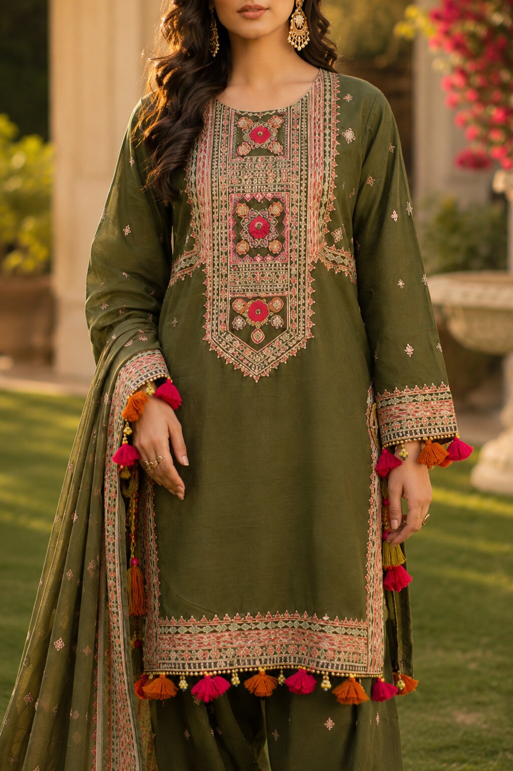 Naqsh olive green embroidered lawn suit front view