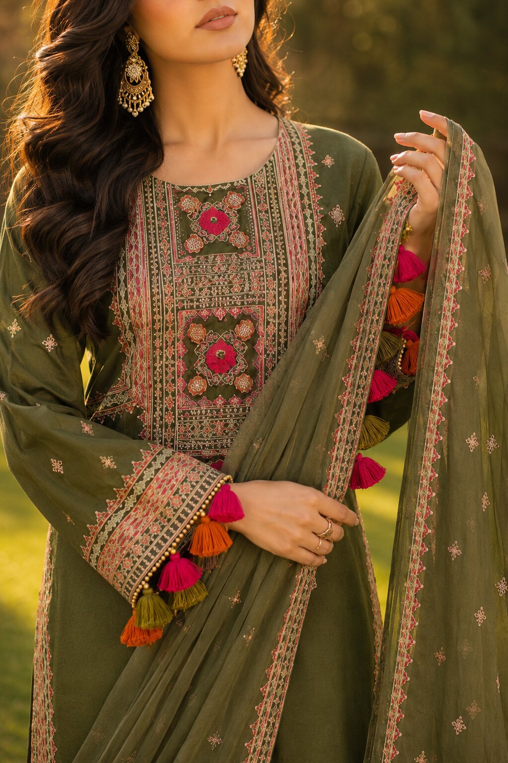Detailed close up of premium ethnic embroidery on Naqsh olive green kameez