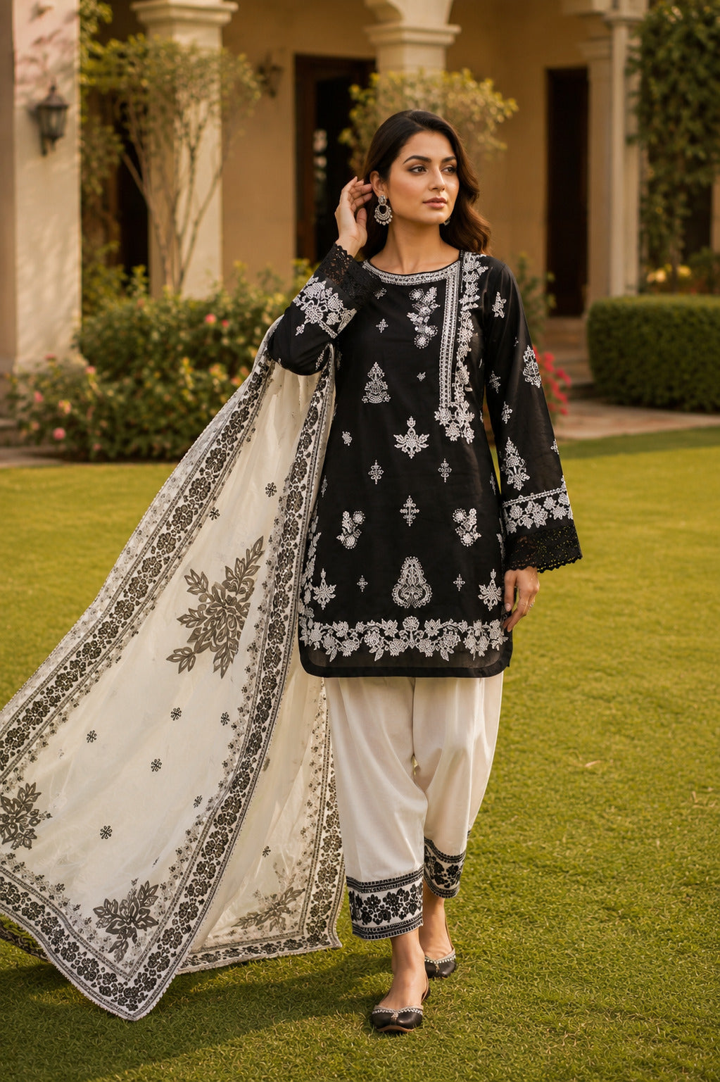 Roshni Approved Designer Black & White 3 Piece Lawn Suit for Women – Elegant Pakistani Fashion Collection