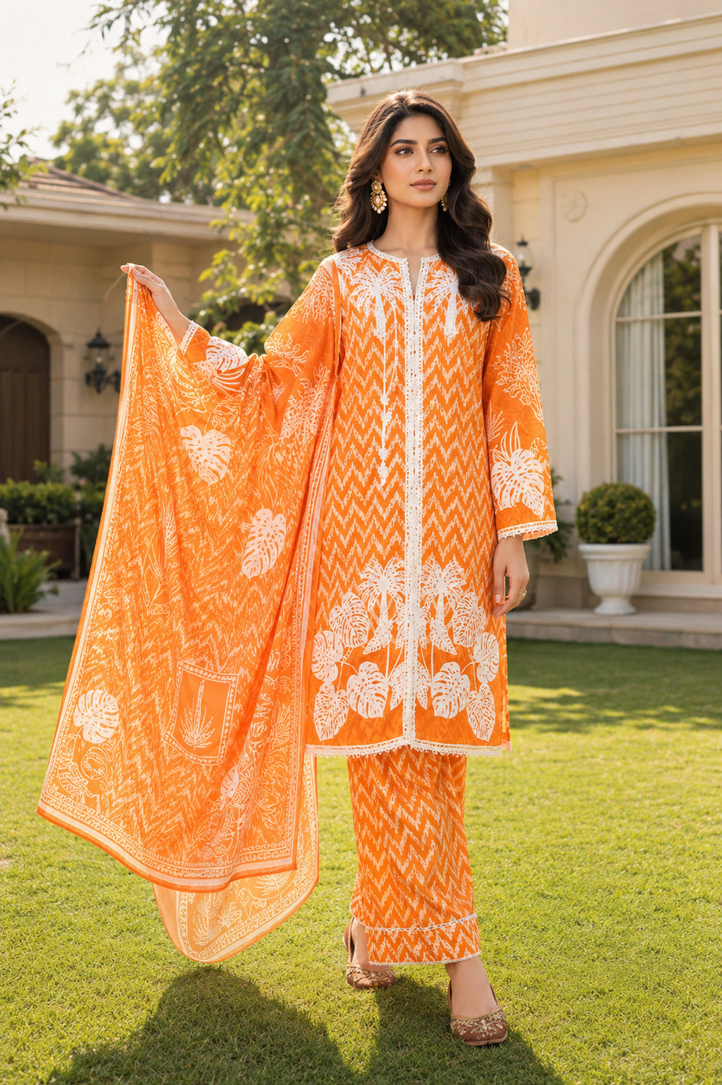 Aftaab premium orange printed lawn 3 piece suit with matching dupatta and trousers for women