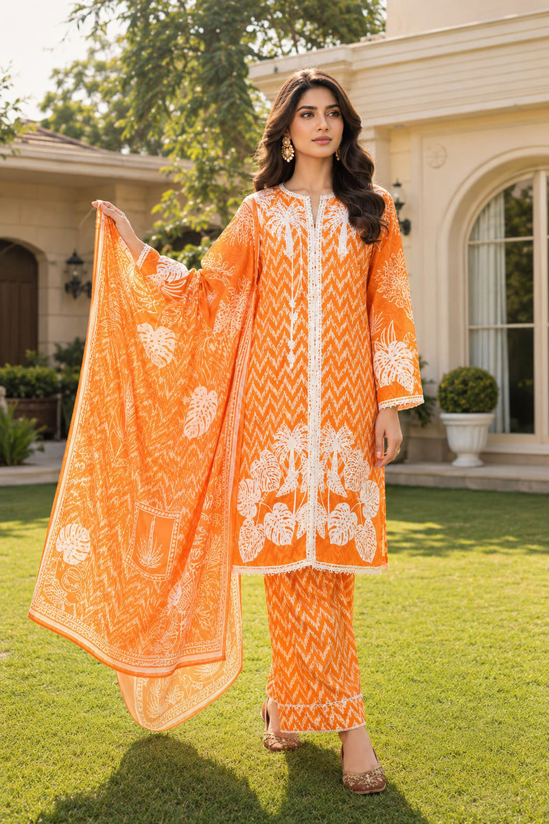 Aftaab premium orange printed lawn 3 piece suit with matching dupatta and trousers for women