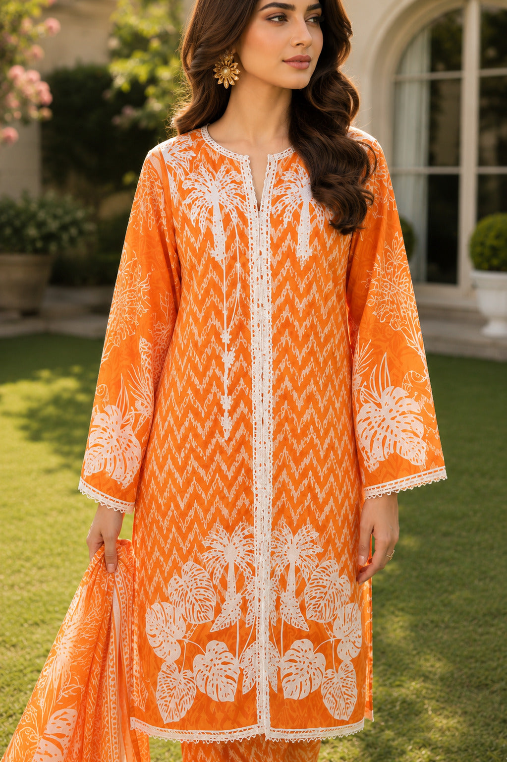 Close-up front view of Aftaab lawn shirt showcasing neckline detailing and botanical pri