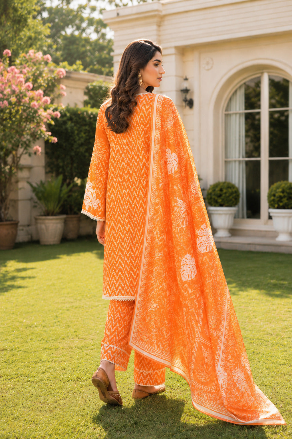 Back view of Aftaab premium orange lawn dress featuring elegant all-over printed design