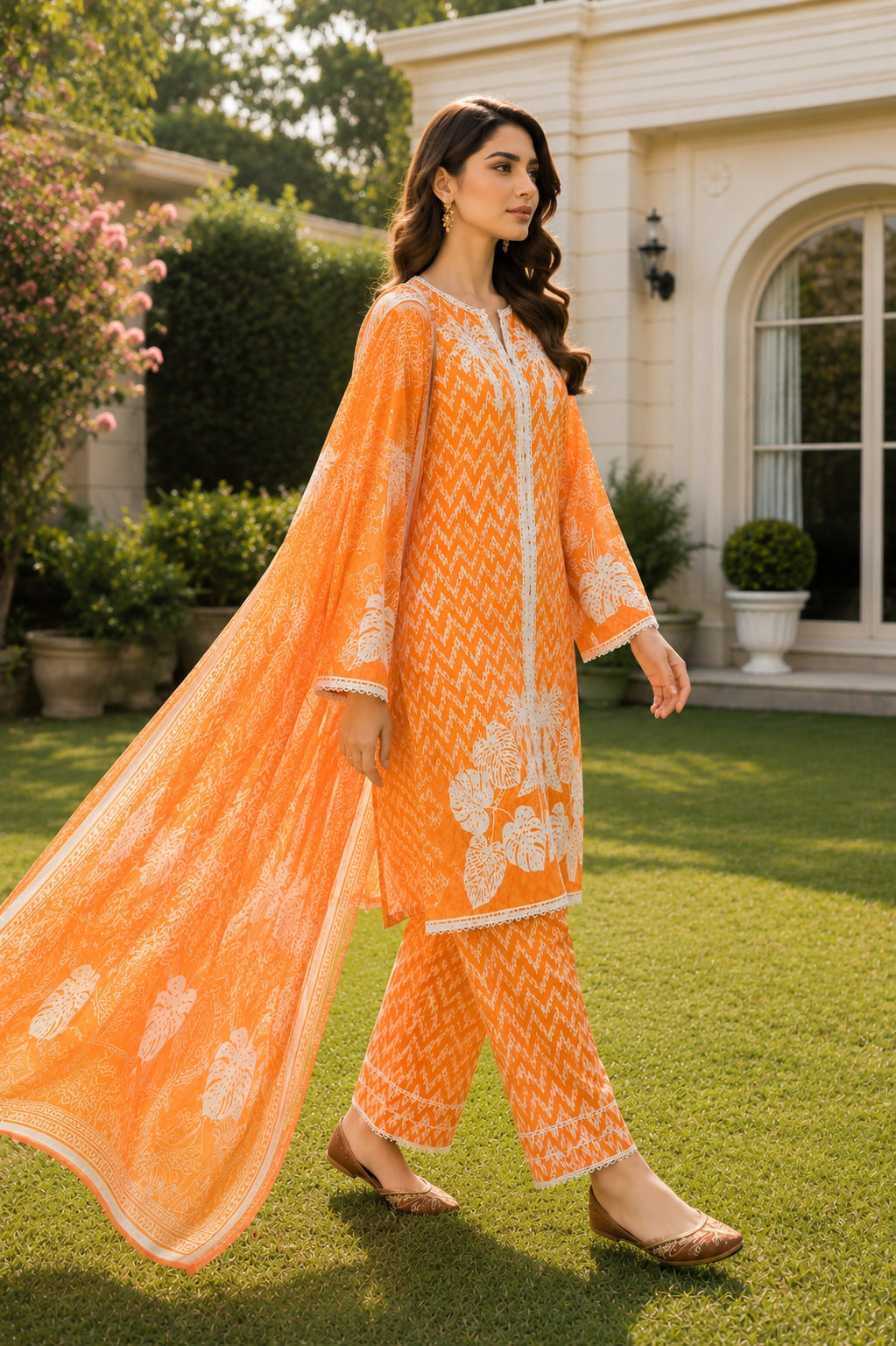 Model walking in Aftaab premium orange lawn suit with flowing dupatta and elegant summer styling