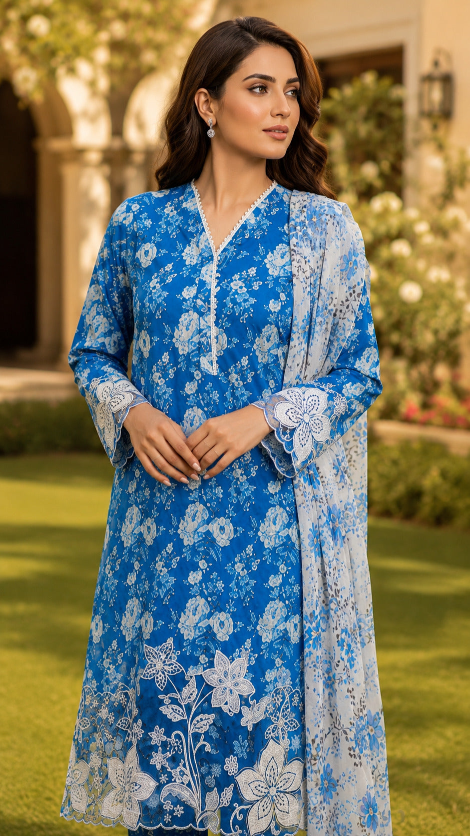Falak premium blue floral lawn 3 piece suit with matching printed dupatta