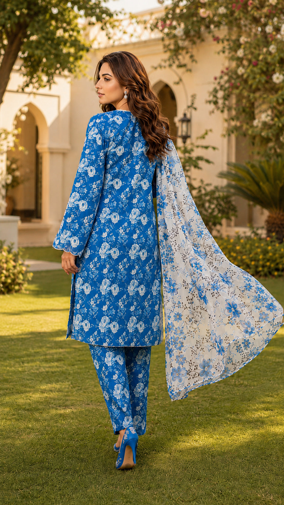 Back view of Falak premium blue lawn dress with all-over floral print design