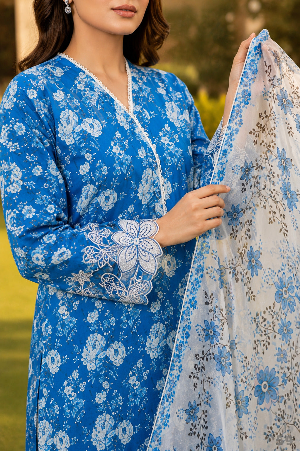 Close-up front view of Falak lawn shirt showcasing neckline and floral artwork