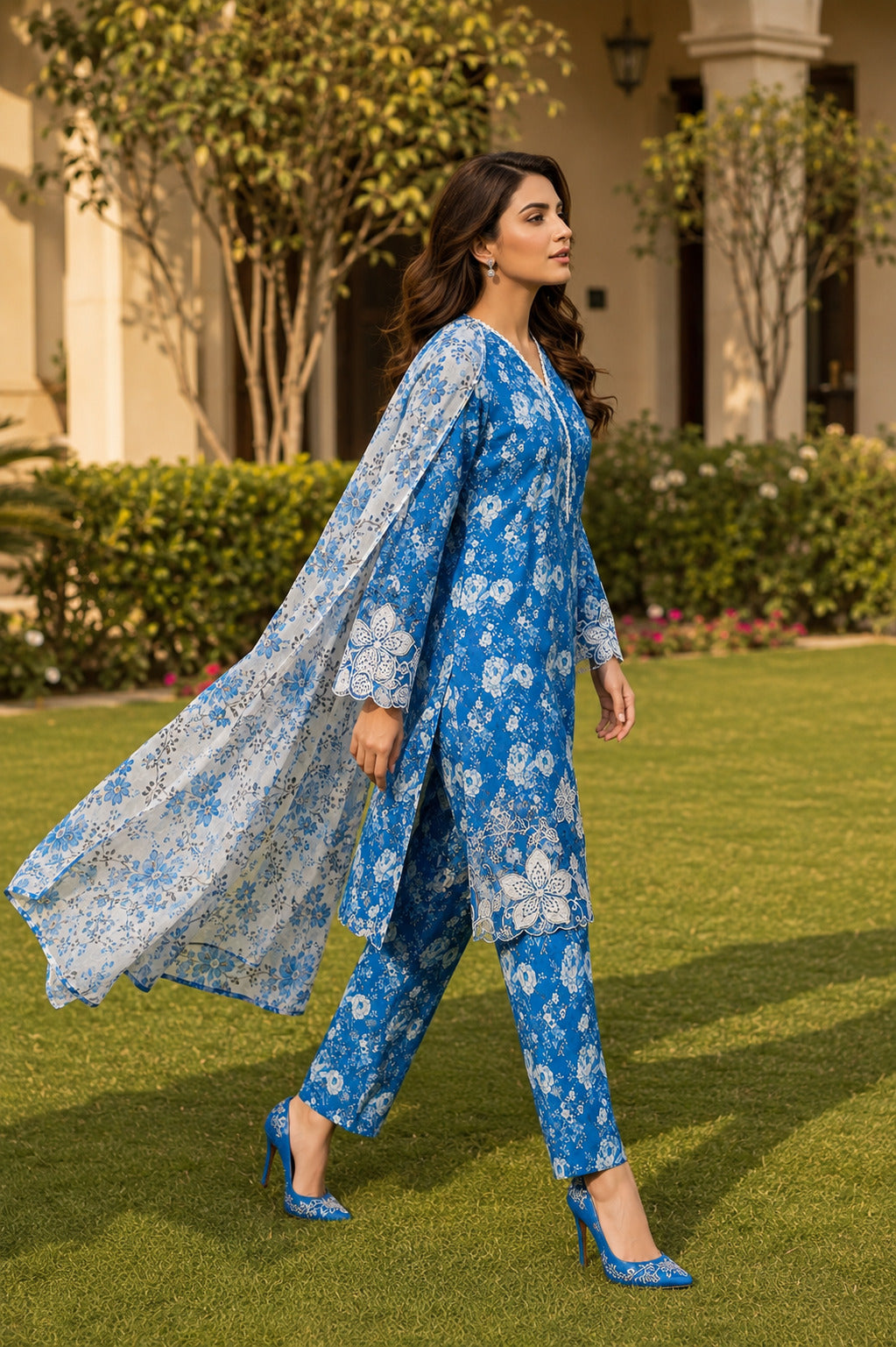 Model walking gracefully in Falak premium blue floral lawn suit with flowing dupatta