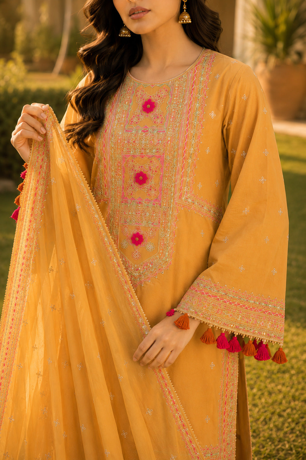Zoomed-in shot of exquisite thread embroidery on Naqsh mustard shirt