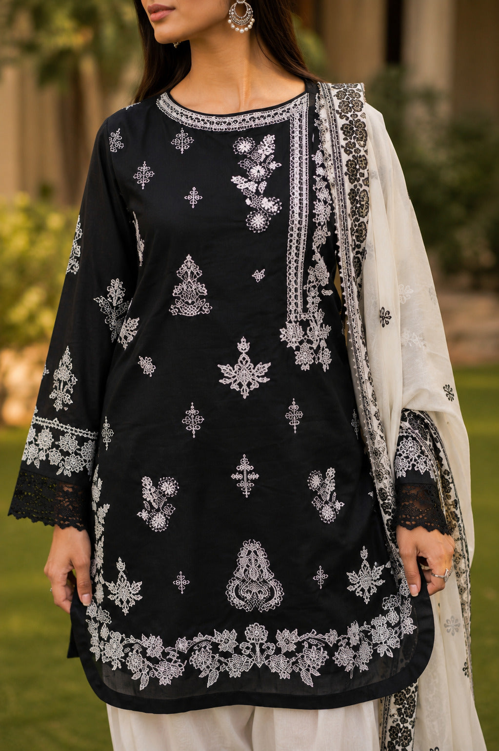 Roshni Approved Black Lawn Kameez with White Embroidery and Chiffon Dupatta – Detailed Front Design View