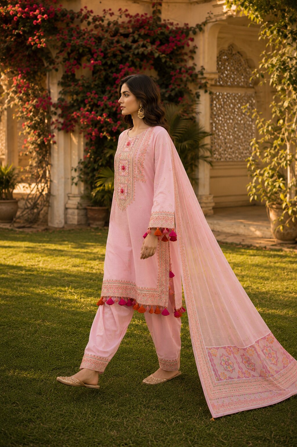 Full length walking shot of model in pink Naqsh embroidered dress with matching dupatta