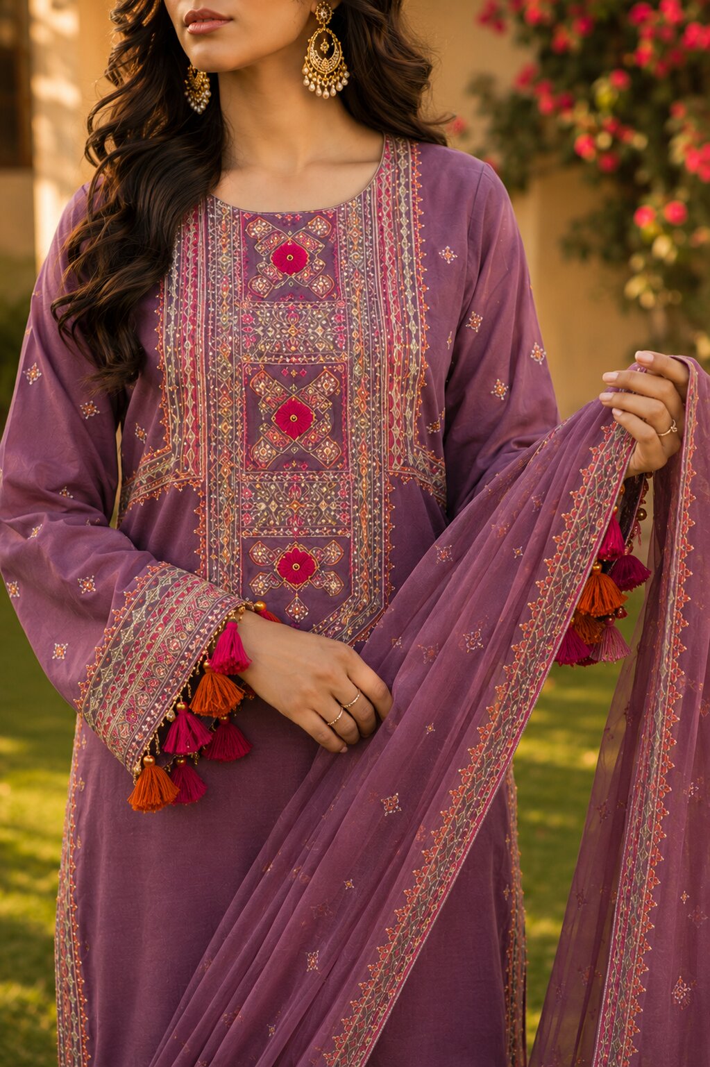 Intricate thread detailing on lavender rose Naqsh embroidered dress front