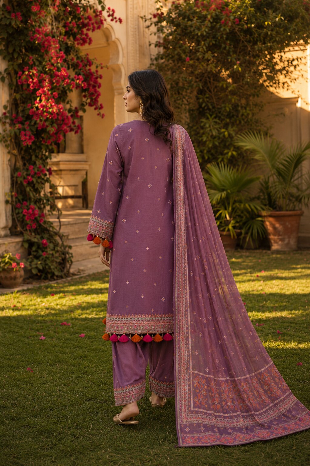 Elegant back profile of lavender rose Naqsh premium festive wear