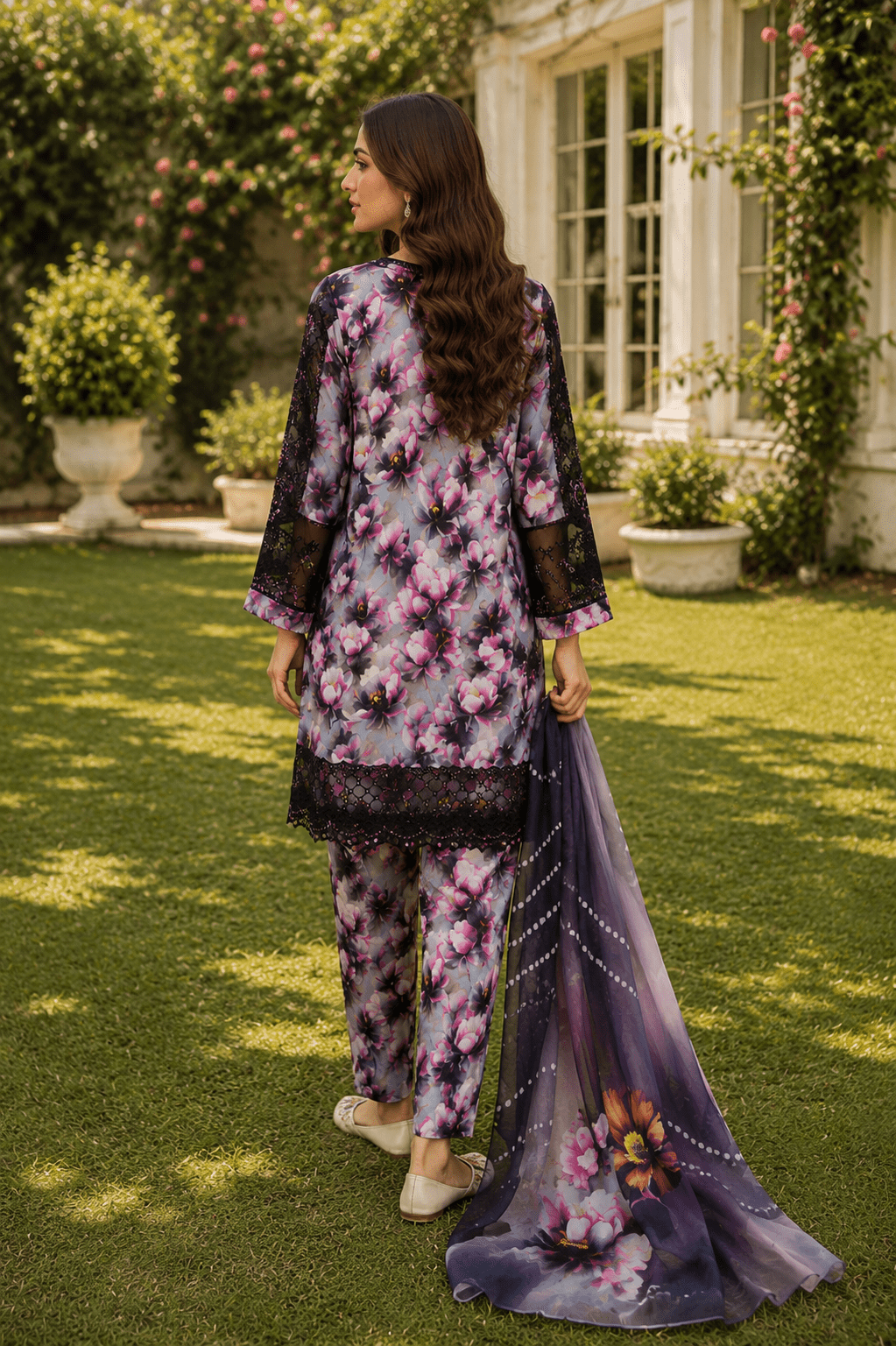 Back view of Ameer's 97500 black pink floral lawn suit with printed shirt, matching trouser and chiffon dupatta – Pakistani designer lawn dress