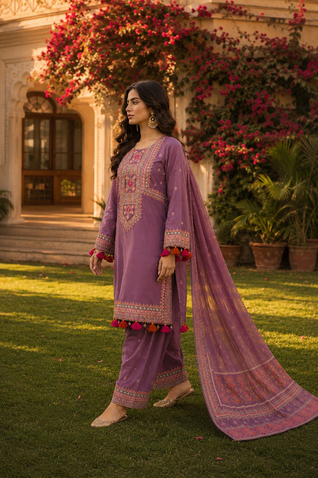 Aesthetic walking shot of model wearing lavender rose Naqsh embroidered outfit