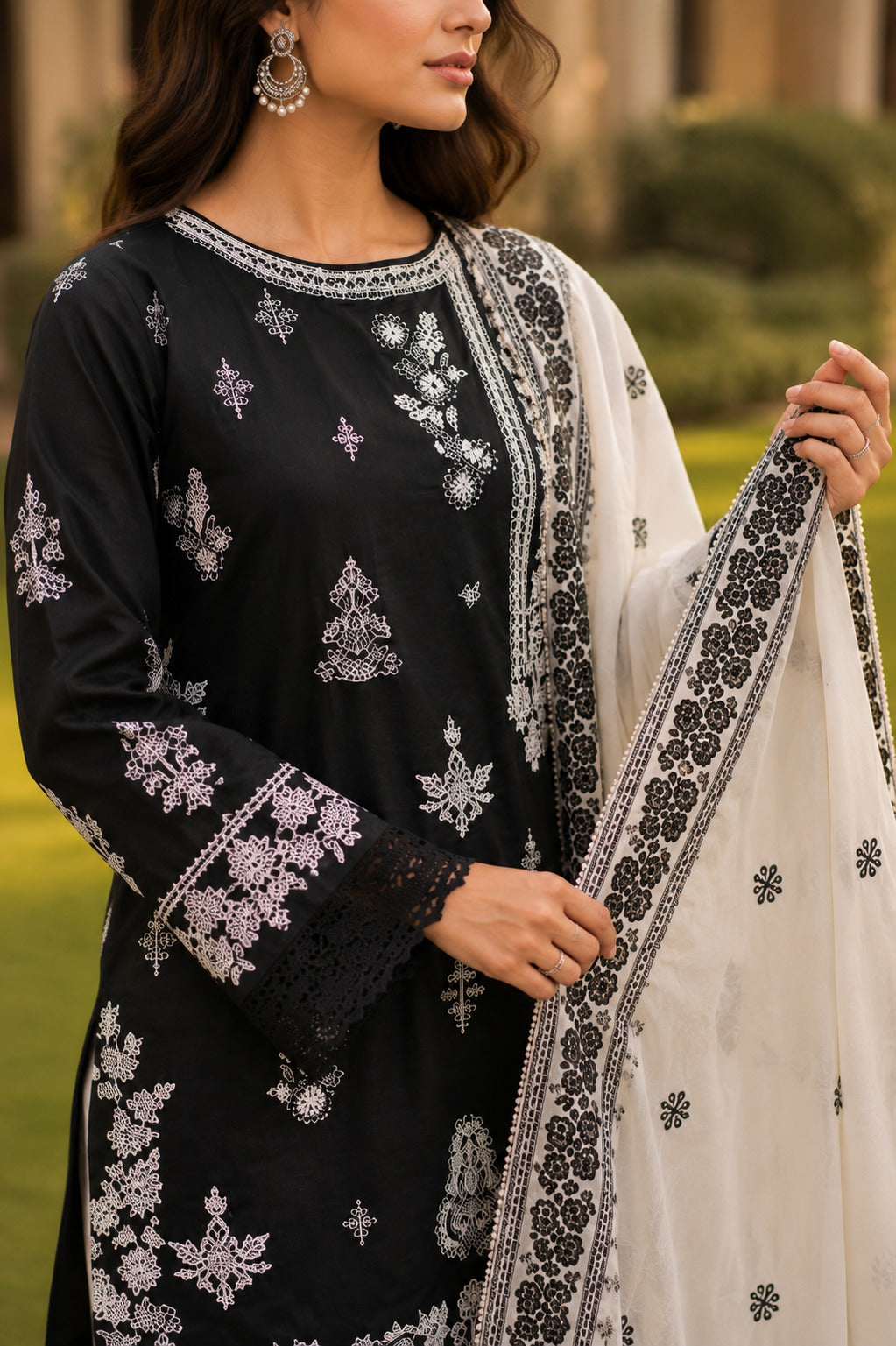 Roshni Approved Designer Black & White 3 Piece Lawn Suit for Women – Elegant Pakistani Fashion Collection