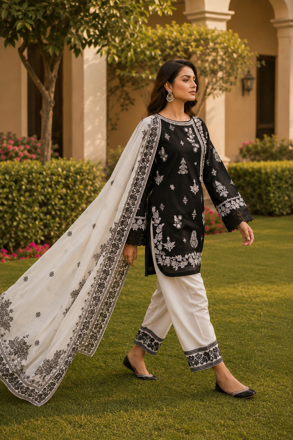 Roshni Approved Premium Black Embroidered Lawn Dress with White Dupatta – Pakistani Women's Summer Fashion Outdoor Shoot