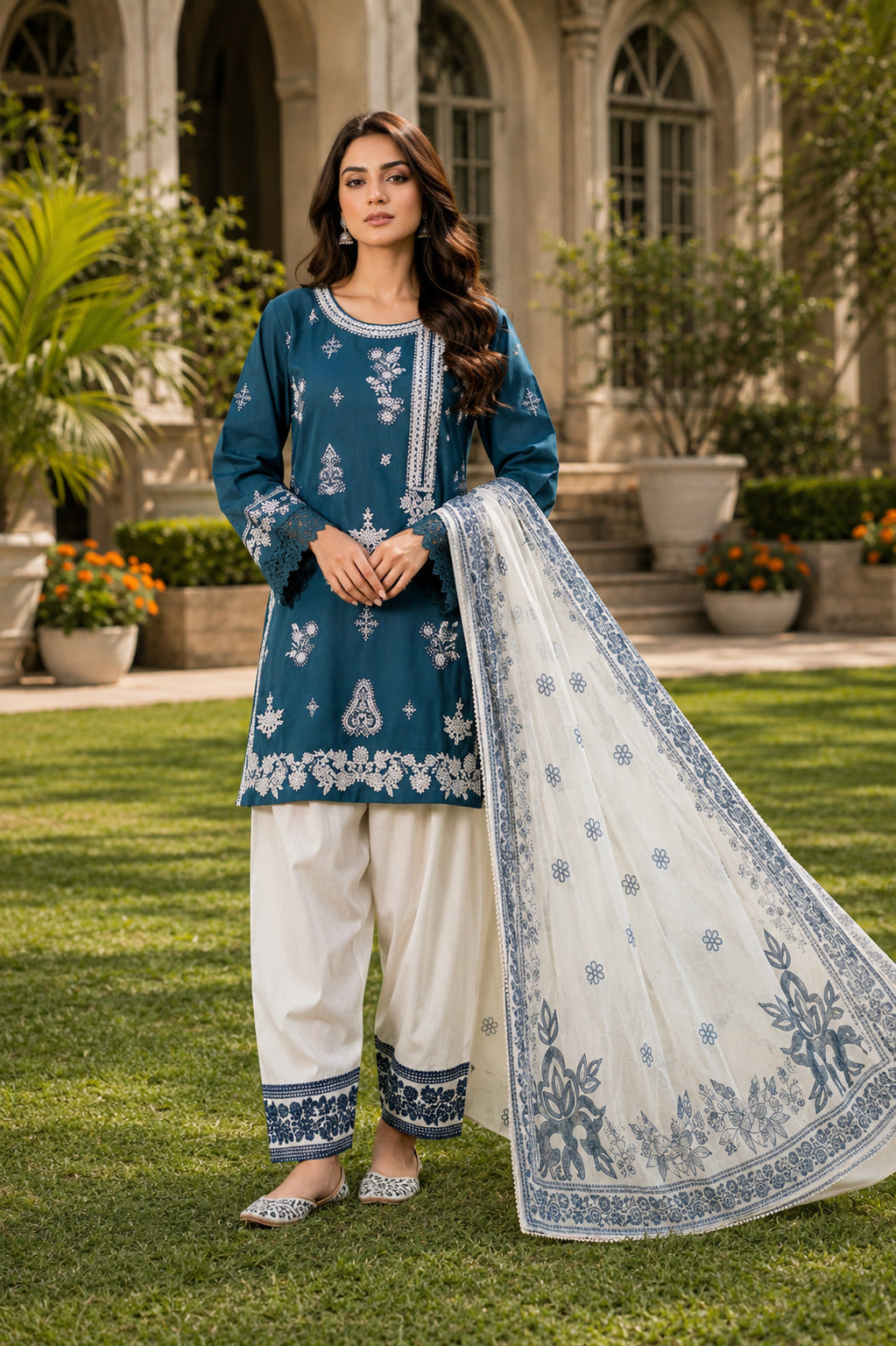 Roshni Blue 3 Piece Lawn Suit Full Front View with White Trouser and Floral Printed Dupatta