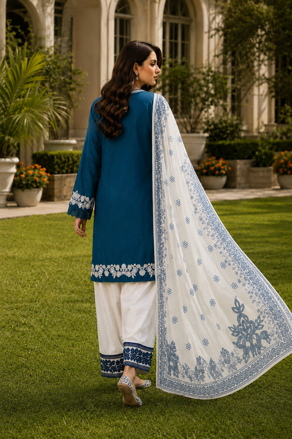 Roshni Blue Embroidered Lawn Suit Back View with White Printed Dupatta in Luxury Garden Setting