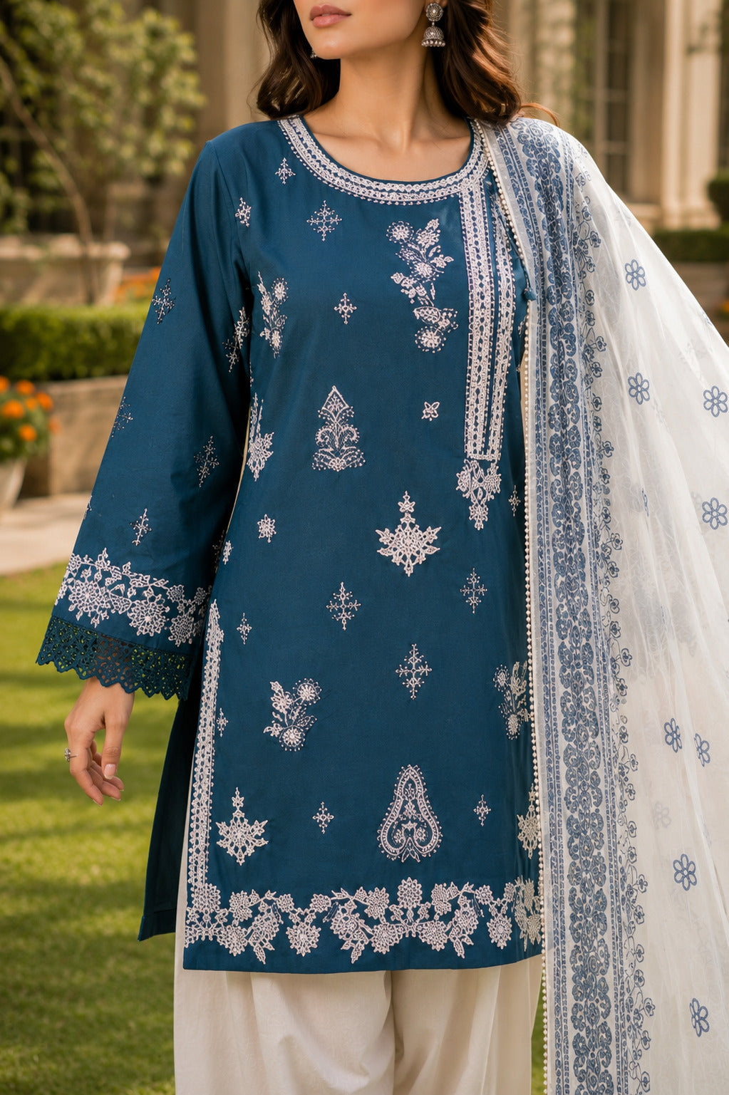 Roshni Blue Embroidered Kurta Close-Up Showing Neckline Lace, Sleeve Detail and Printed Dupatta