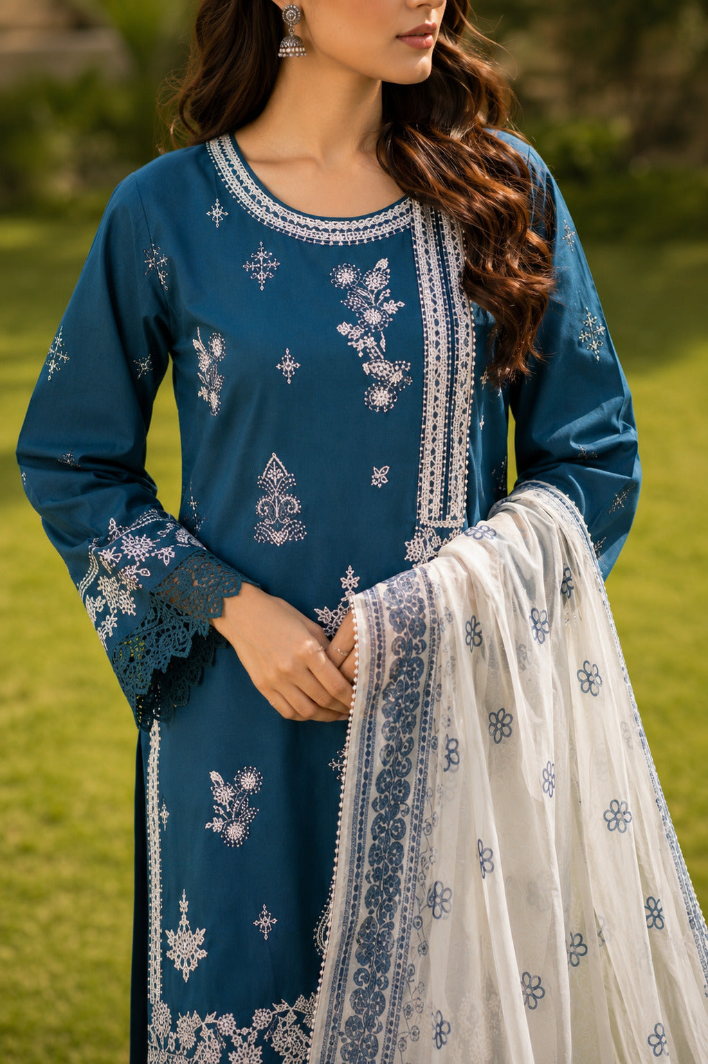 Roshni Blue Pakistani Lawn Suit Front View with Intricate White Embroidery and Elegant Dupatta
