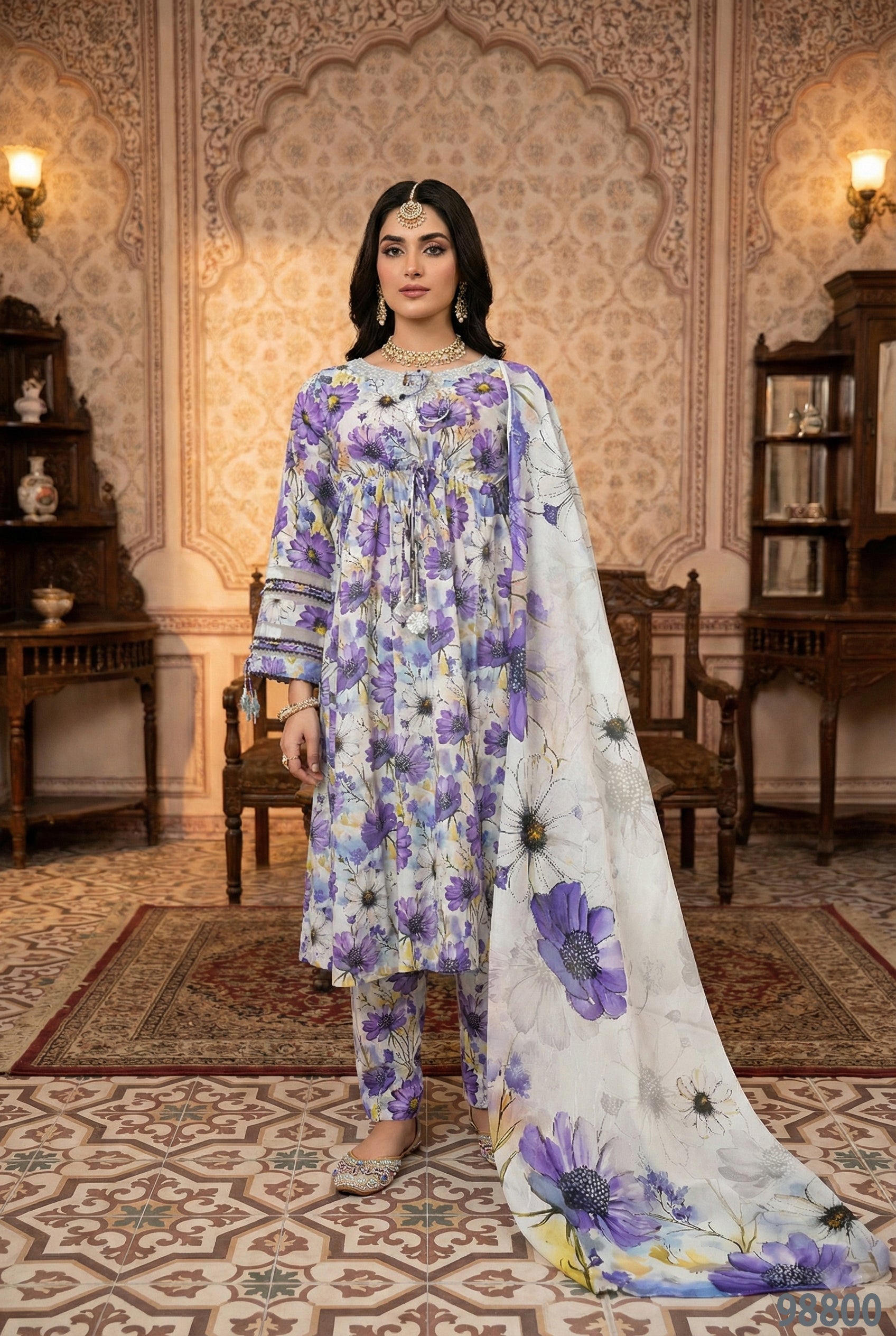 GULYAAN purple floral printed 3 piece lawn suit with chiffon dupatta